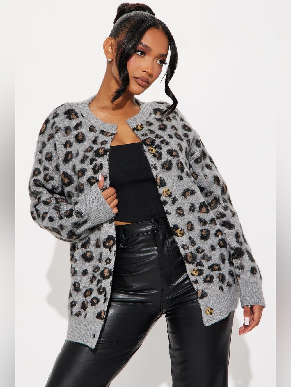 NWT Leopard Print Crewneck Cardigan Sweater Sz 1X Gray Fashion Nova (May Fit 2x)